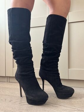 Sergio Rossi Boots Ruched Black Suede Leather Knee High Stiletto Platform Pumps